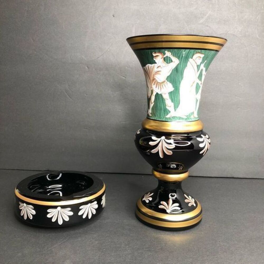 VTG set of hand made and hand painted Glass Vase + Ashtray - chip